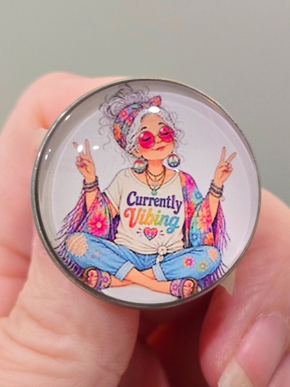 Artisan Currently Vibing Hippie Girl Cabochon Brooch Pin Bohemian Festival Gift